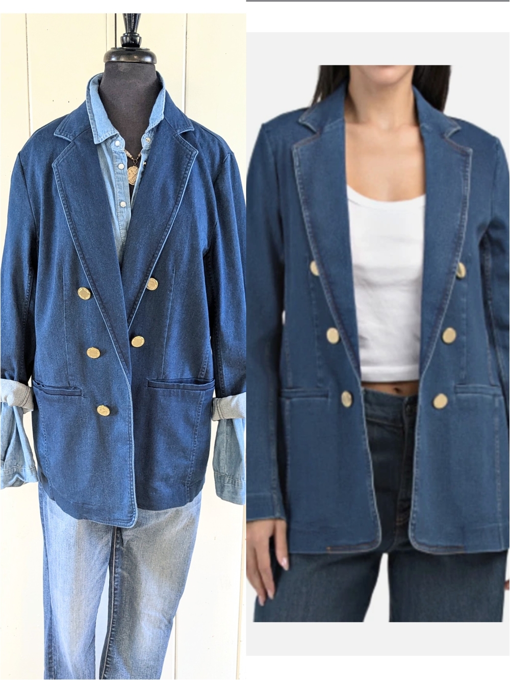 Anne Klein Double-Breasted Denim Blazer in Blue with Gold Buttons sz L